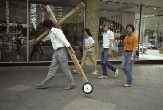 Young people walk in city center