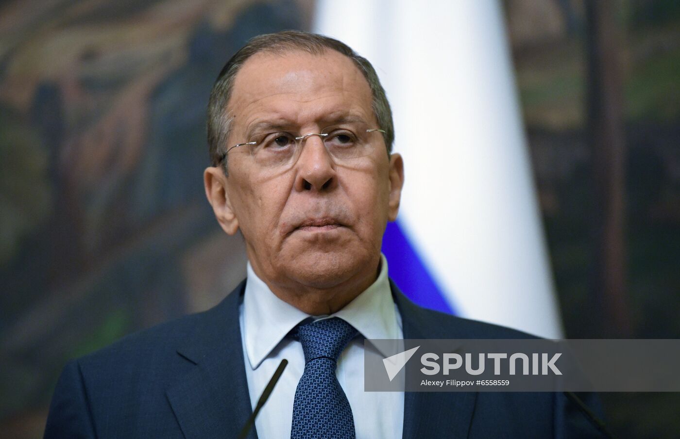 Russian Foreign Minister Sergei Lavrov attends a joint news conference following his meeting with Slovenian Foreign Minister Anze Logar, in Moscow, Russia. Location: Russia, Moscow. Author: Alexey Filippov/Sputnik. Russia Slovenia