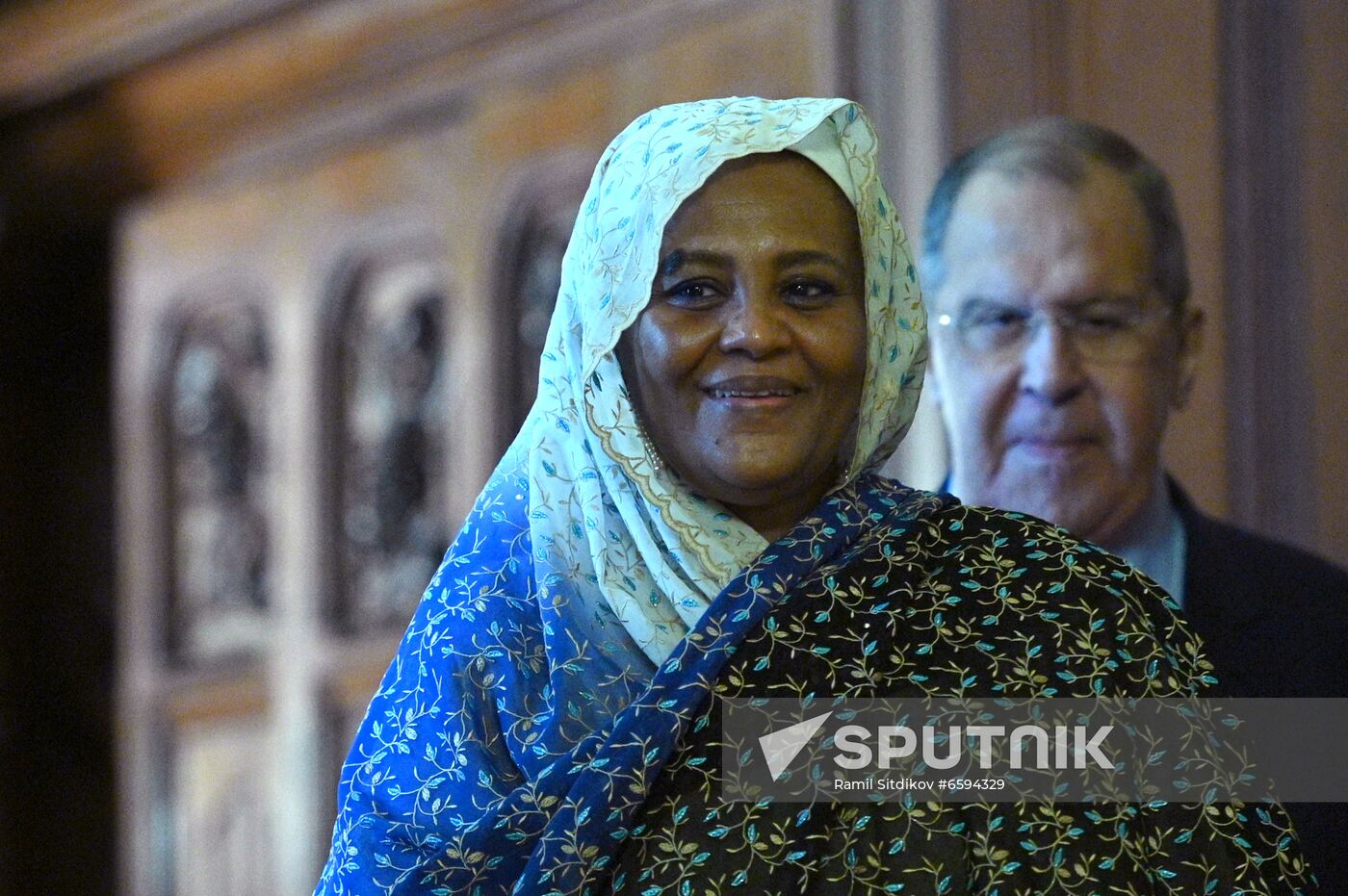 Sudanese Foreign Minister Mariam Al-Sadiq Al-Mahdi attends a meeting with Russian Foreign Minister Sergey Lavrov, at the background, in Moscow, Russia. Location: Russia, Moscow. Author: Ramil Sitdikov/Sputnik. Russia Sudan