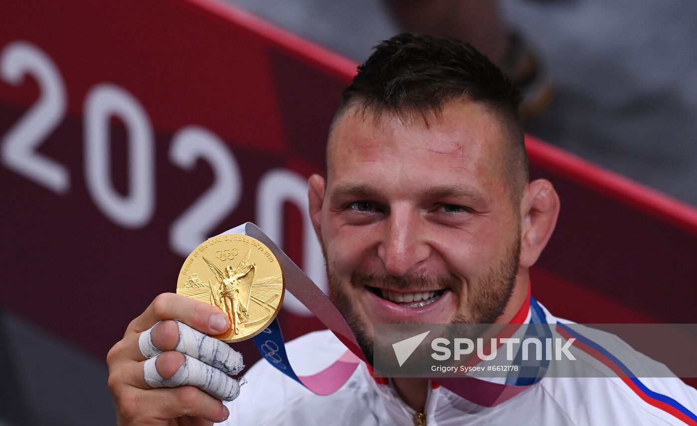 Czech Republic's Lukas Krpalek poses with his gold medal during the victory ceremony for the men's +100kg judo final at the Tokyo 2020 Olympic Games at Nippon Budokan in Tokyo, Japan. Location: Japan, Tokyo. Author: Grigory Sysoev/Sputnik. Japan Olympics 2020 Judo