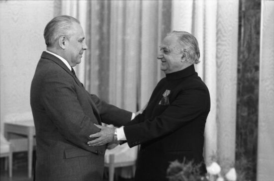 Presenting Order of Peoples' Friendship to Indian diplomat Triloki Nath Kaul
