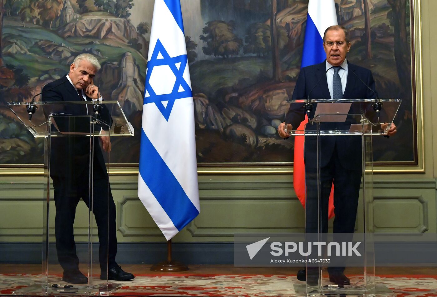 Russian Foreign Minister Sergey Lavrov, right, talks to the media during a news conference following his meeting with Israeli Foreign Minister Yair Lapid, in Moscow, Russia. Location: Russia, Moscow. Author: Alexey Kudenko/Sputnik. Russia Israel