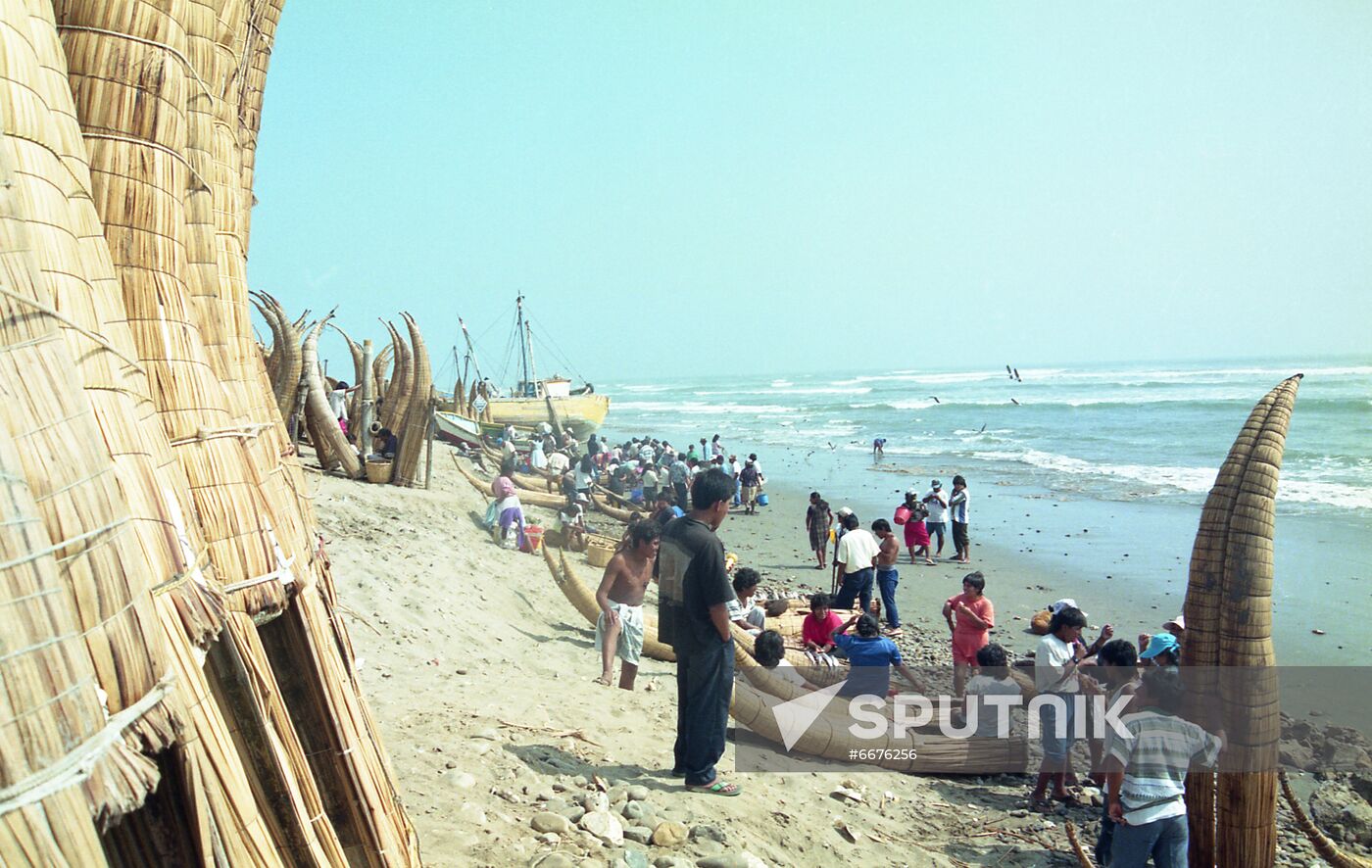 Fishermen's village on Pacific Ocean coast in Lambaeque Province