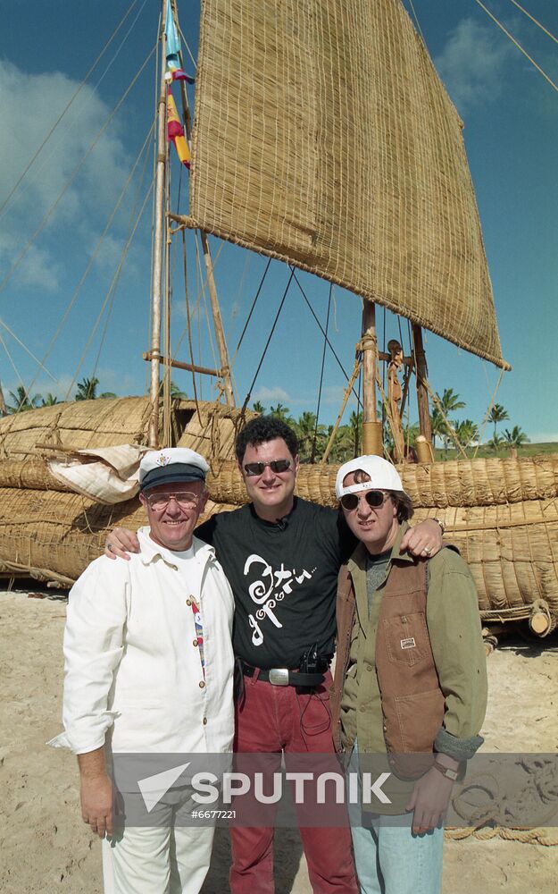 Yury Senkevich, Maxim Leonidov and Leonid Yarmolnik on Easter Island