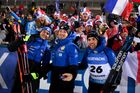 From left, France's Emilien Jacquelin, France's Fabien Claude and France's Simon Desthieux take a selfie with their fans after the men's 10 km sprint event at the Biathlon World Cup in Oestersund, Sweden. Location: Sweden, Oestersund. Author: Alexey Filippov/Sputnik. Sweden Biathlon World Cup Men