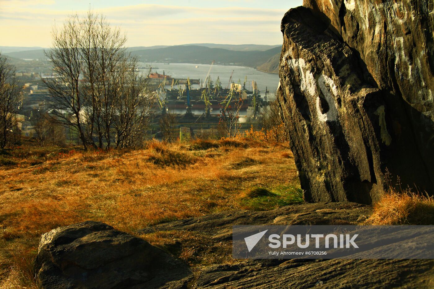 View of Kola Bay port from Zelyony Mys sugarloaf