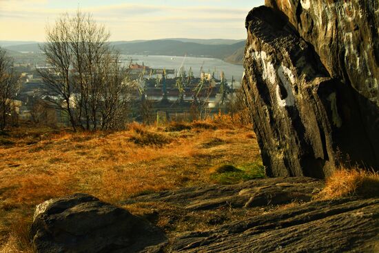 View of Kola Bay port from Zelyony Mys sugarloaf