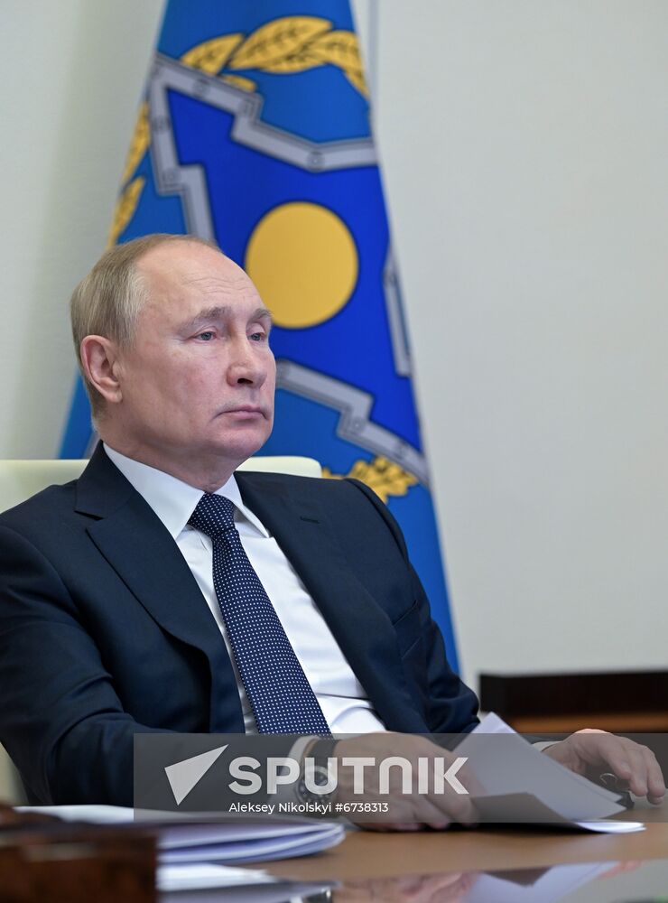 Russian President Vladimir Putin attends an emergency meeting of the Council of the Collective Security Treaty Organization (CSTO) on the situation in Kazakhstan in the wake of violent protests and on ways to normalize it, via a video conference at the Novo-Ogaryovo state residence outside Moscow, Russia. Location: Russia, Moscow region. Author: Aleksey Nikolskyi/Sputnik. Russia Putin CSTO