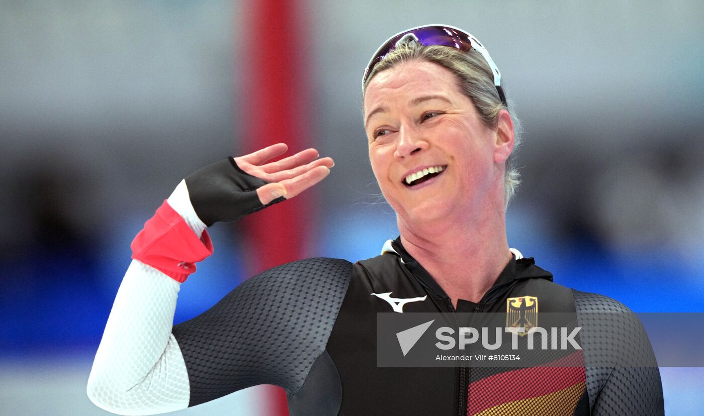 Germany's Claudia Pechstein reacts during the women's speed skating 3000 m event of the Beijing 2022 Winter Olympic Games at the National Speed Skating Oval in Beijing, China. Location: China, Beijing. Author: Alexander Vilf/Sputnik. China Olympics 2022 Speed Skating Women