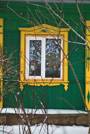 House window in Tarusa during New Year holidays
