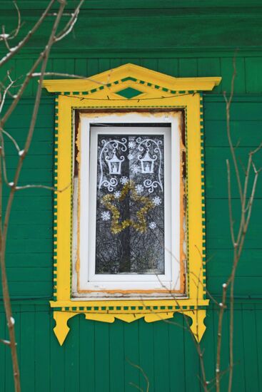 House window in Tarusa during New Year holidays