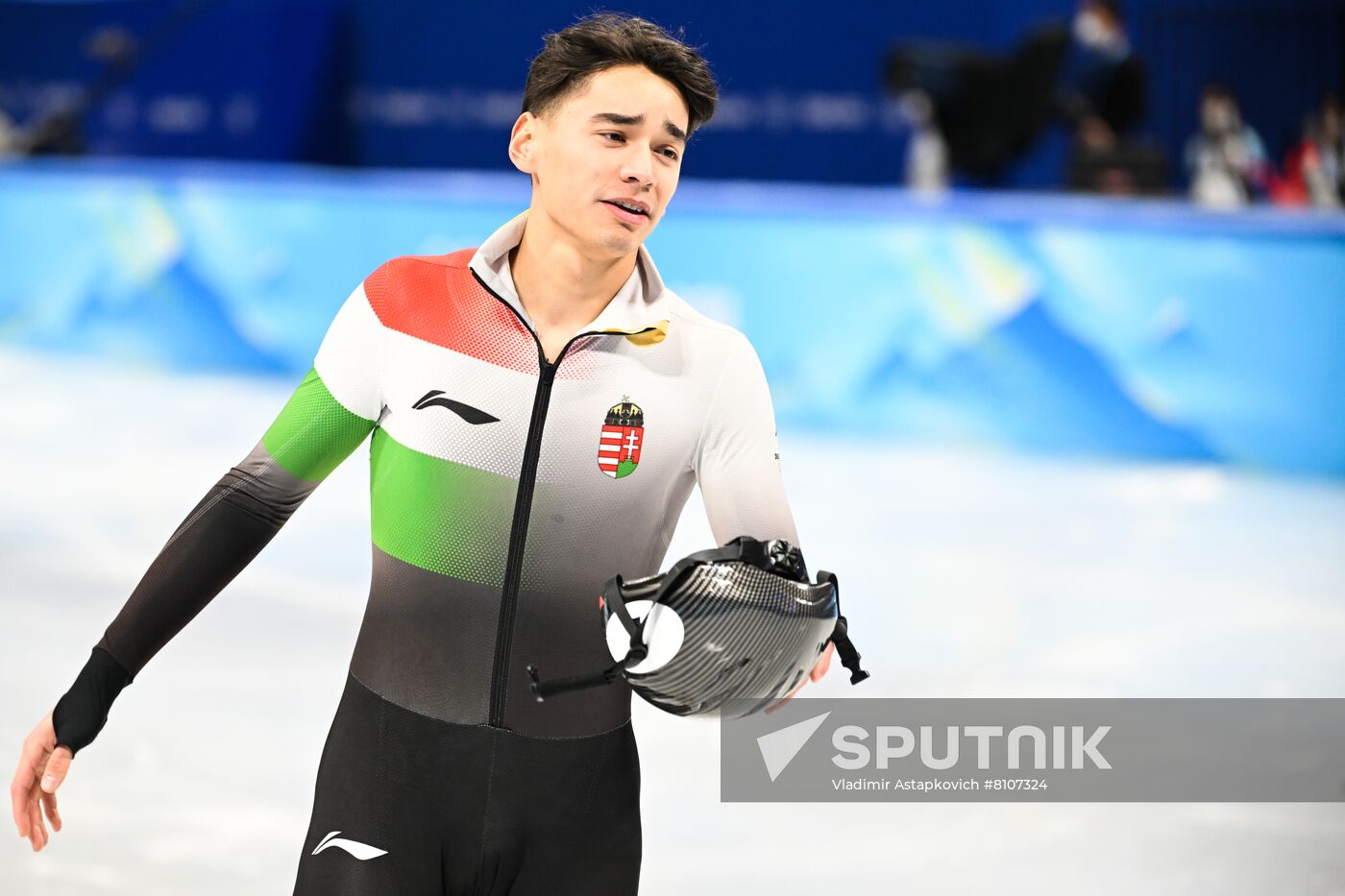 Hungary's Shaolin Sandor Liu reacts after the short track speed skating men's 1000 m final A during the Beijing 2022 Winter Olympic Games at Capital Indoor Stadium in Beijing, China. Location: China, Beijing. Author: Vladimir Astapkovich/Sputnik. China Olympics 2022 Short Track Speed Skating