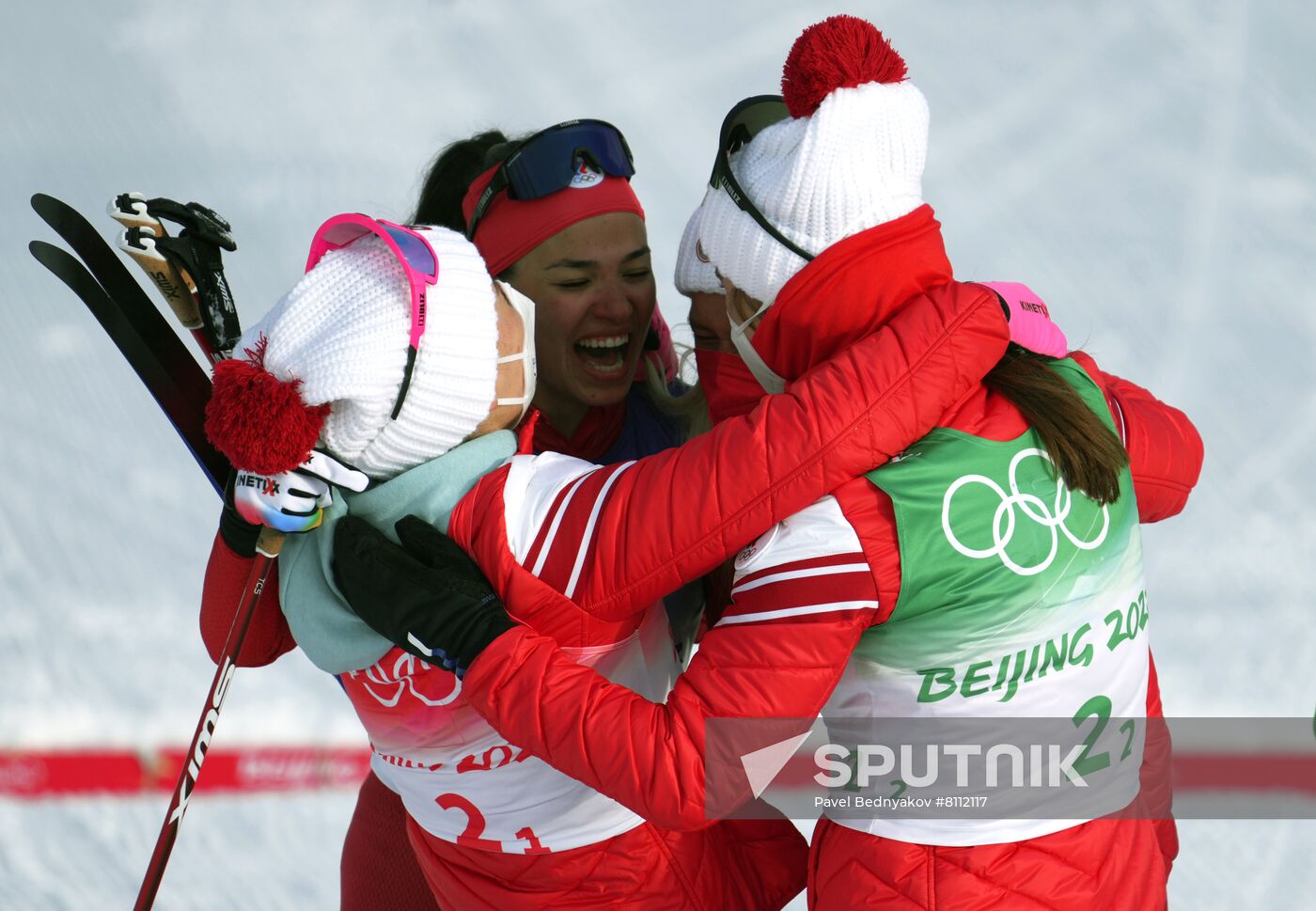 Russian Olympic Committee's athletes celebrate their victory in the women's cross-country 4x5 km relay event during the Beijing 2022 Winter Olympic Games at the National Cross-Country Skiing Centre in Zhangjiakou, China. Location: China, Zhangjiakou. Author: Pavel Bednyakov/Sputnik. China Olympics 2022 Cross-Country Skiing Women