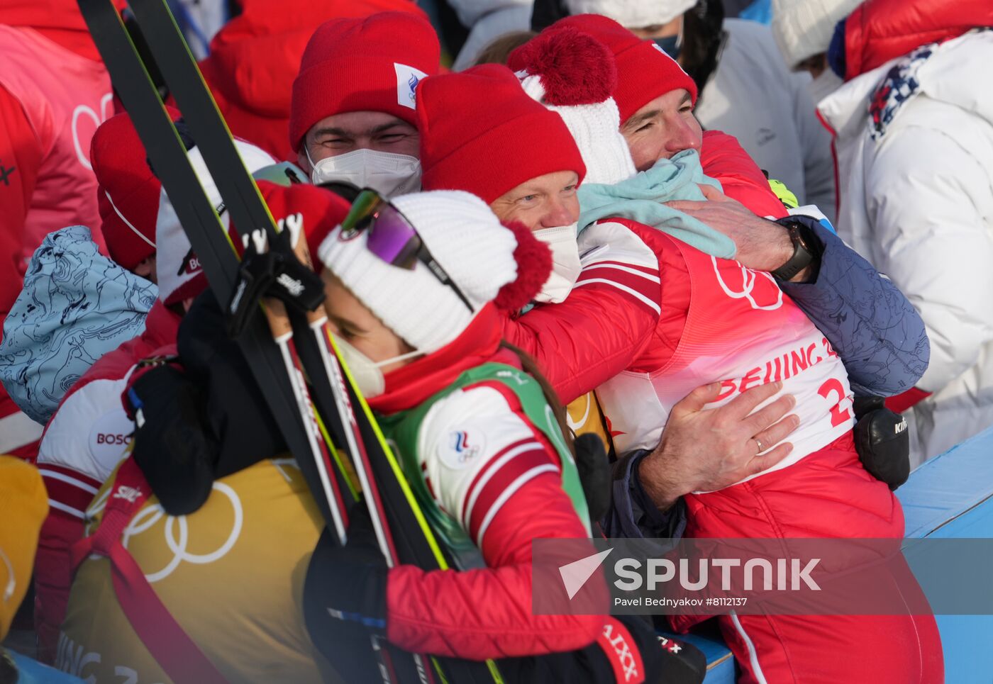 Russian Olympic Committee's athletes react after winning gold medals in the women's cross-country 4x5 km relay event during the Beijing 2022 Winter Olympic Games at the National Cross-Country Skiing Centre in Zhangjiakou, China. President of the Russian Cross Country Skiing Federation Elena Vyalbe, in center. Location: China, Zhangjiakou. Author: Pavel Bednyakov/Sputnik. China Olympics 2022 Cross-Country Skiing Women