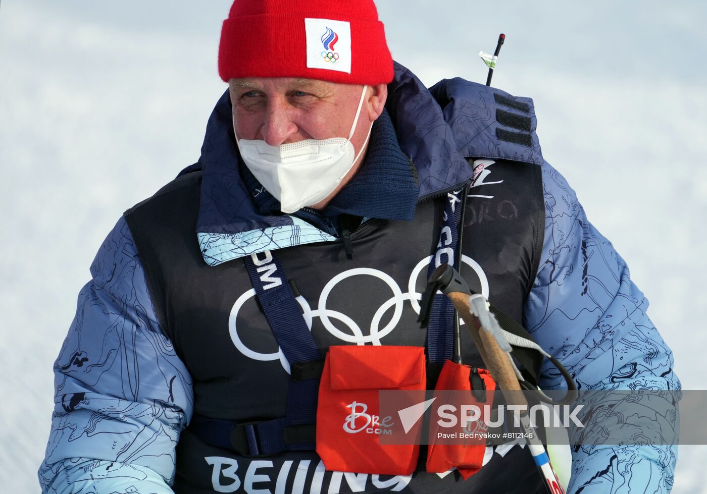 Coach Yuri Borodavko reacts during the women's cross-country 4x5 km relay event during the Beijing 2022 Winter Olympic Games at the National Cross-Country Skiing Centre in Zhangjiakou, China. Location: China, Zhangjiakou. Author: Pavel Bednyakov/Sputnik. China Olympics 2022 Cross-Country Skiing Women