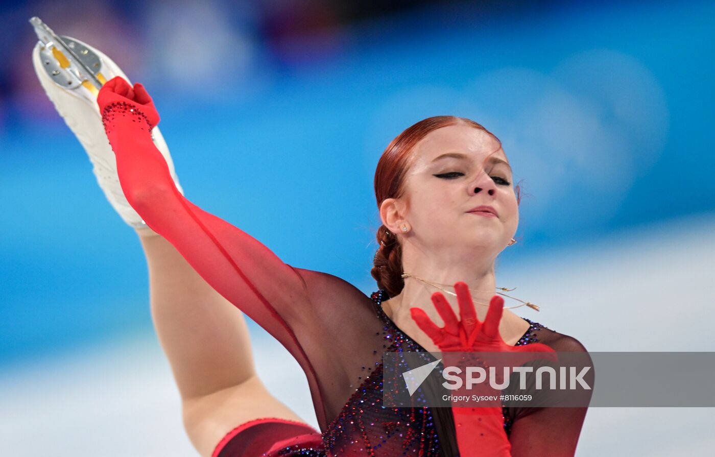 Russian Olympic Committee's Alexandra Trusova competes in the women's single skating short program of the figure skating event during the Beijing 2022 Winter Olympic Games at Capital Indoor Stadium in Beijing, China. Location: China, Beijing. Author: Grigory Sysoev/Sputnik. China Olympics 2022 Figure Skating Women