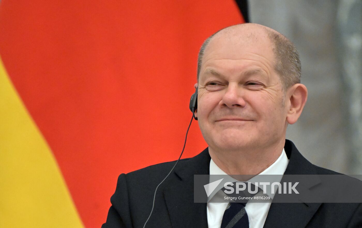 German Chancellor Olaf Scholz attends a joint press conference with Russian President Vladimir Putin following their meeting at Moscow's Kremlin, Russia. Location: Russia, Moscow. Author: Sergey Guneev/Sputnik. Russia Germany