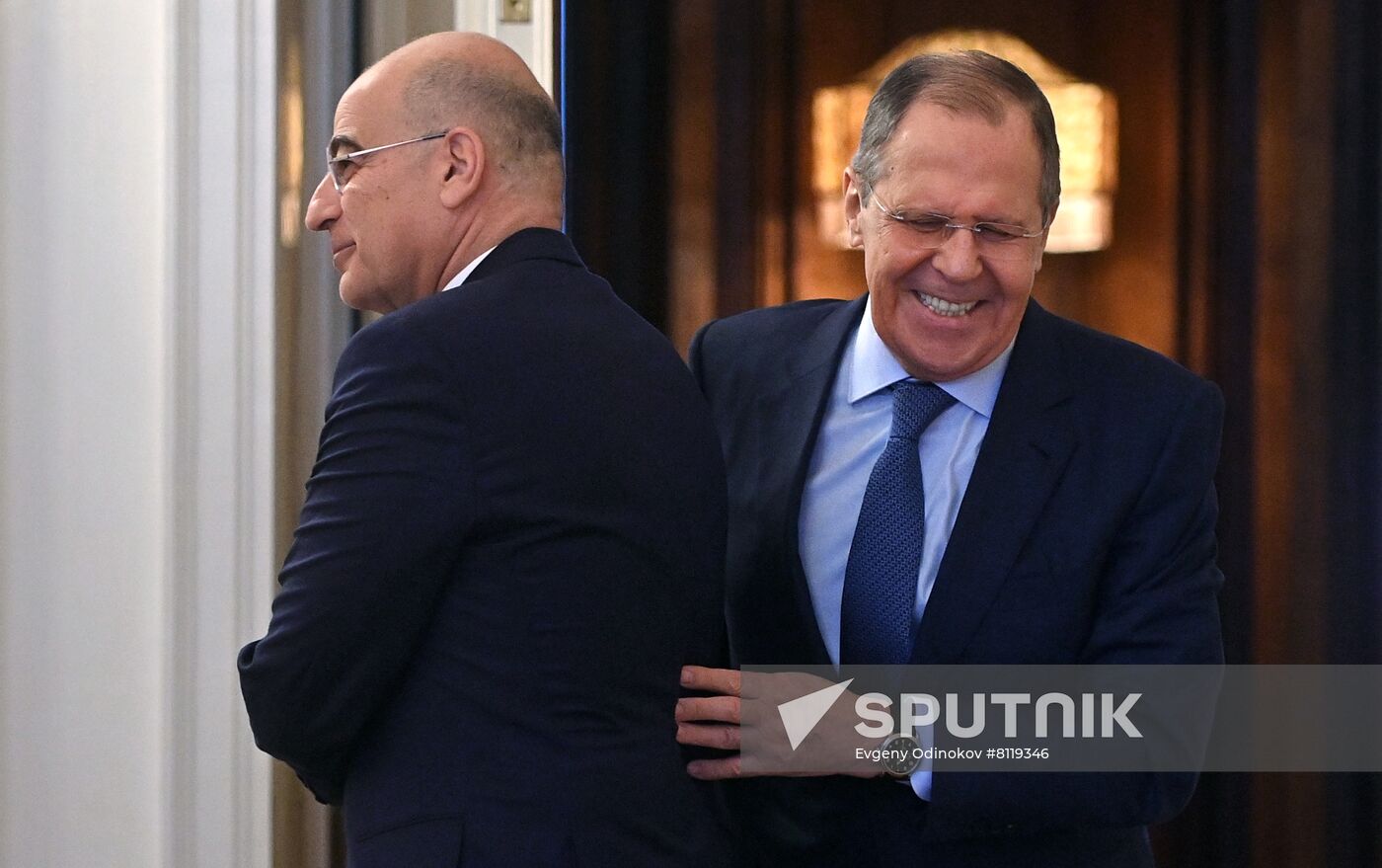 Russian Minister of Foreign Affairs Sergey Lavrov and Greek Minister of Foreign Affairs Nikos Dendias are pictured during their meeting, in Moscow, Russia. Location: Russia, Moscow. Author: Evgeny Odinokov/Sputnik. Russia Greece
