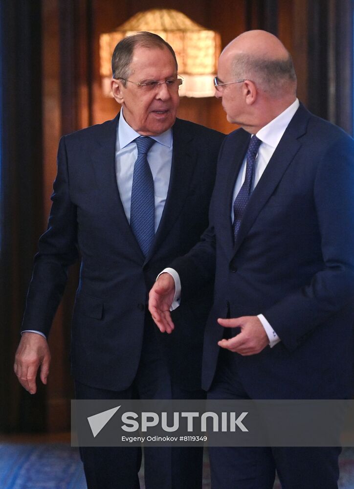 Russian Minister of Foreign Affairs Sergey Lavrov and Greek Minister of Foreign Affairs Nikos Dendias are pictured during their meeting, in Moscow, Russia. Location: Russia, Moscow. Author: Evgeny Odinokov/Sputnik. Russia Greece