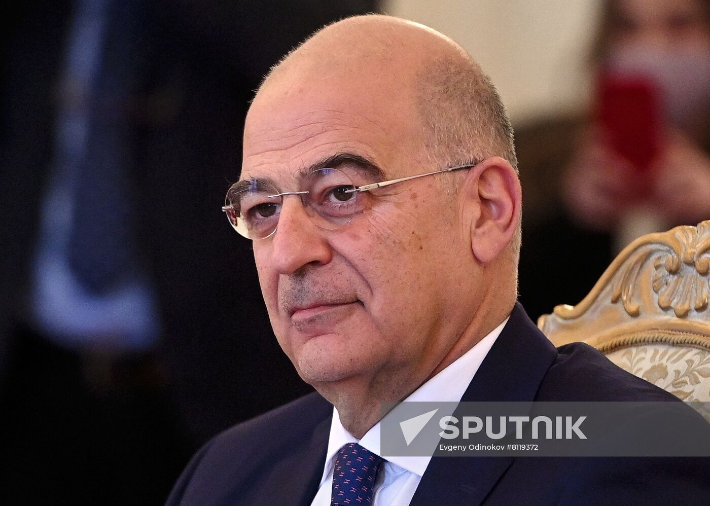 Greek Minister of Foreign Affairs Nikos Dendias attends a meeting with Russian Minister of Foreign Affairs Sergey Lavrov, in Moscow, Russia. Location: Russia, Moscow. Author: Evgeny Odinokov/Sputnik. Russia Greece