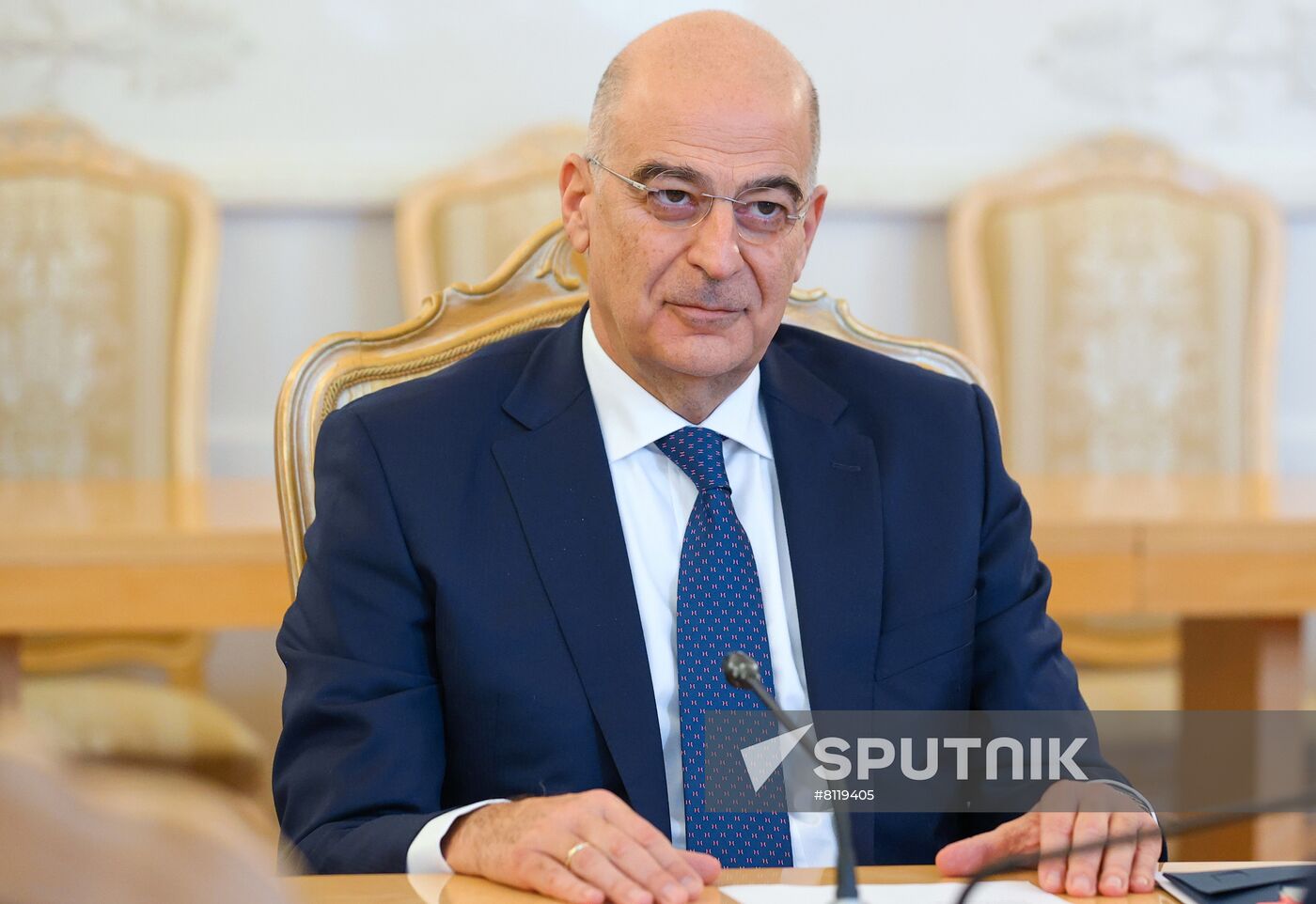 In this handout photo released by the Russian Foreign Ministry, Greek Minister of Foreign Affairs Nikos Dendias attends a meeting with Russian Minister of Foreign Affairs Sergey Lavrov, in Moscow, Russia. Editorial use only, no archive, no commercial use. Location: Russia, Moscow. Russia Greece