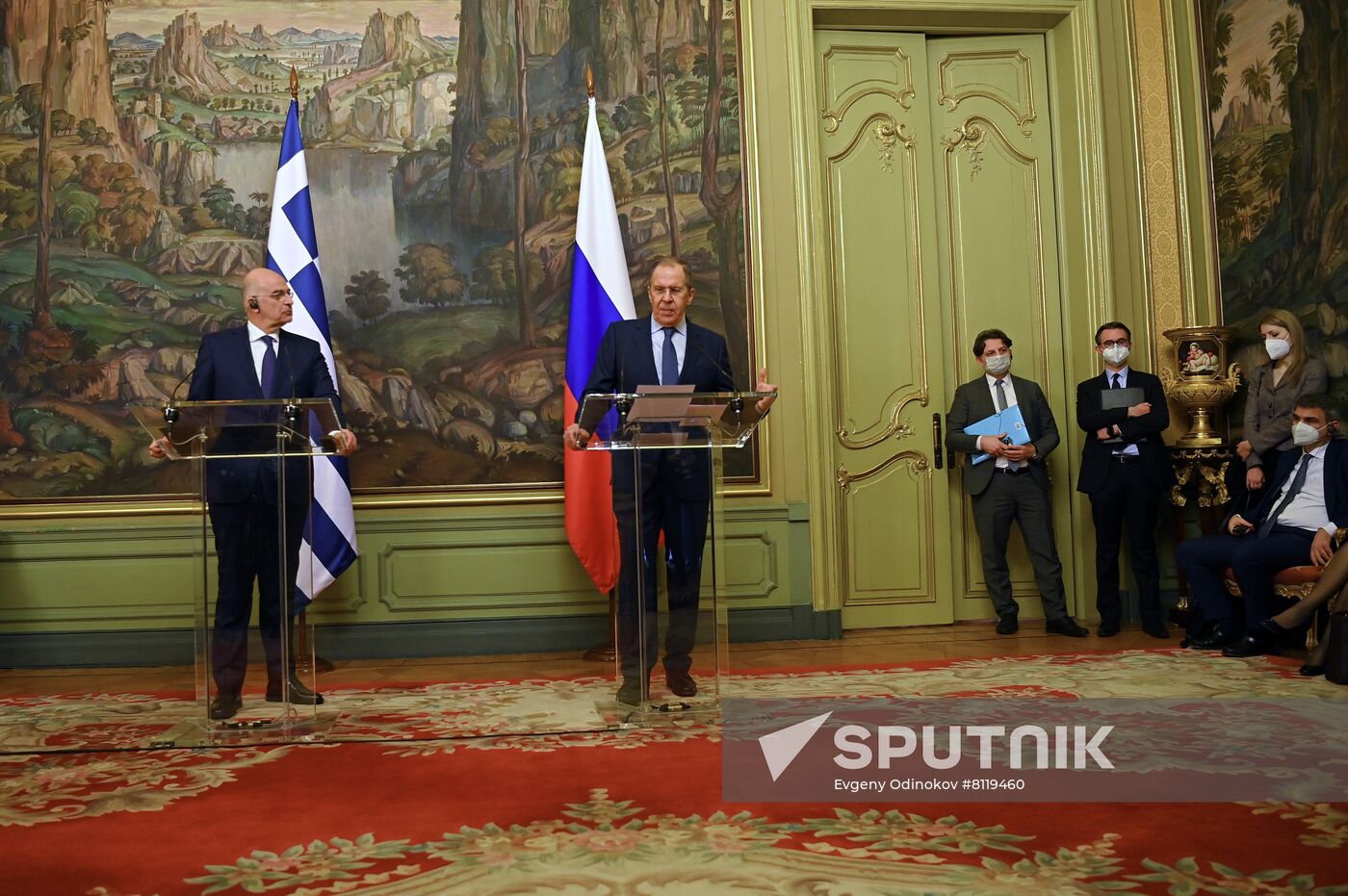 Russian Minister of Foreign Affairs Sergey Lavrov and Greek Minister of Foreign Affairs Nikos Dendias attend a joint press conference following their meeting, in Moscow, Russia. Location: Russia, Moscow. Author: Evgeny Odinokov/Sputnik. Russia Greece