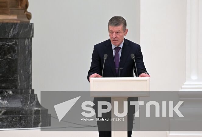 Kremlin Deputy Chief of Staff Dmitry Kozak speaks during a meeting with members of the Security Council held by Russian President Vladimir Putin, in Moscow, Russia. Location: Russia, Moscow. Author: Aleksey Nikolskyi/Sputnik. Russia Putin Security Council