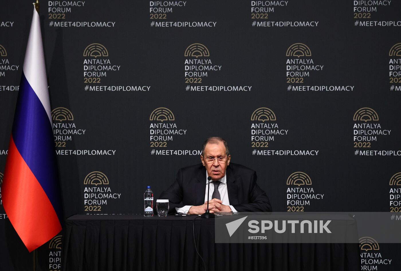 In this handout photo released by the Russian Foreign Ministry, Russian Foreign Minister Sergey Lavrov talks to the media during a news conference following his meeting with Ukrainian Foreign Minister Dmytro Kuleba with attendance of Turkish Foreign Minister Mevlut Cavusoglu on the sidelines of Antalya Diplomacy Forum, in Antalya, Turkey. Editorial use only, no archive, no commercial use. Location: Turkey, Antalya. Turkey Antalya Diplomacy Forum Sideline Meetings