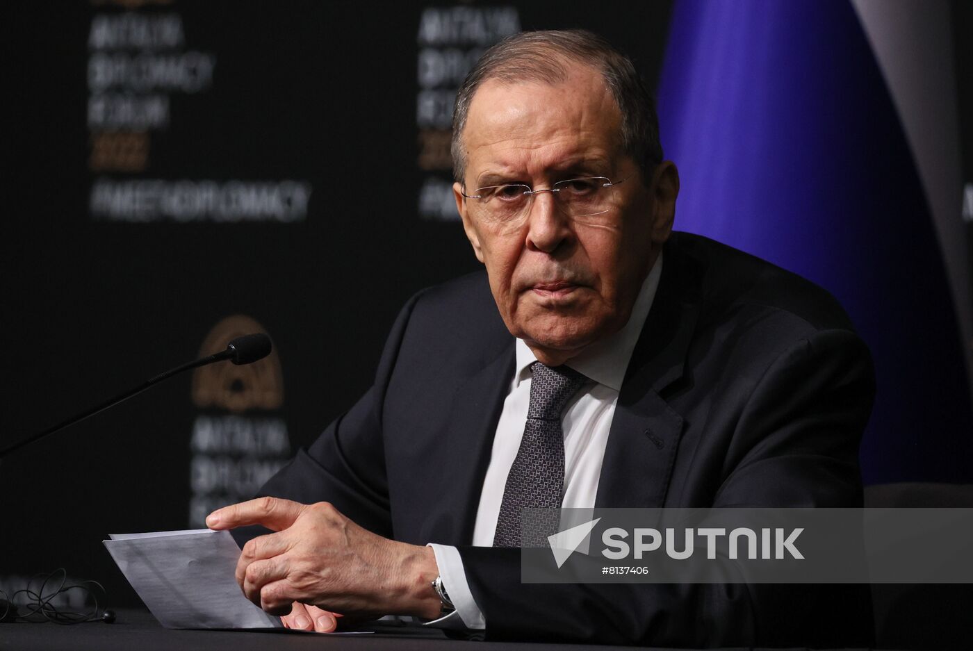 In this handout photo released by the Russian Foreign Ministry, Russian Foreign Minister Sergey Lavrov talks to the media during a news conference following his meeting with Ukrainian Foreign Minister Dmytro Kuleba with attendance of Turkish Foreign Minister Mevlut Cavusoglu on the sidelines of Antalya Diplomacy Forum, in Antalya, Turkey. Editorial use only, no archive, no commercial use. Location: Turkey, Antalya. Turkey Antalya Diplomacy Forum Sideline Meetings