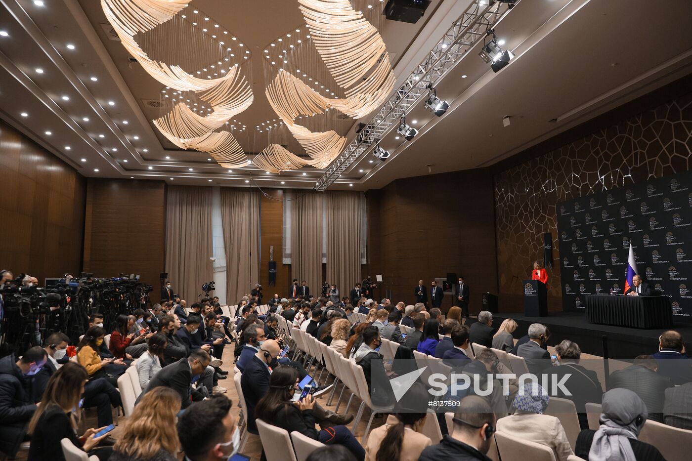 In this handout photo released by the Russian Foreign Ministry, Russian Foreign Minister Sergey Lavrov talks to the media during a news conference following his meeting with Ukrainian Foreign Minister Dmytro Kuleba with attendance of Turkish Foreign Minister Mevlut Cavusoglu on the sidelines of Antalya Diplomacy Forum, in Antalya, Turkey. Editorial use only, no archive, no commercial use. Location: Turkey, Antalya. Turkey Antalya Diplomacy Forum Sideline Meetings