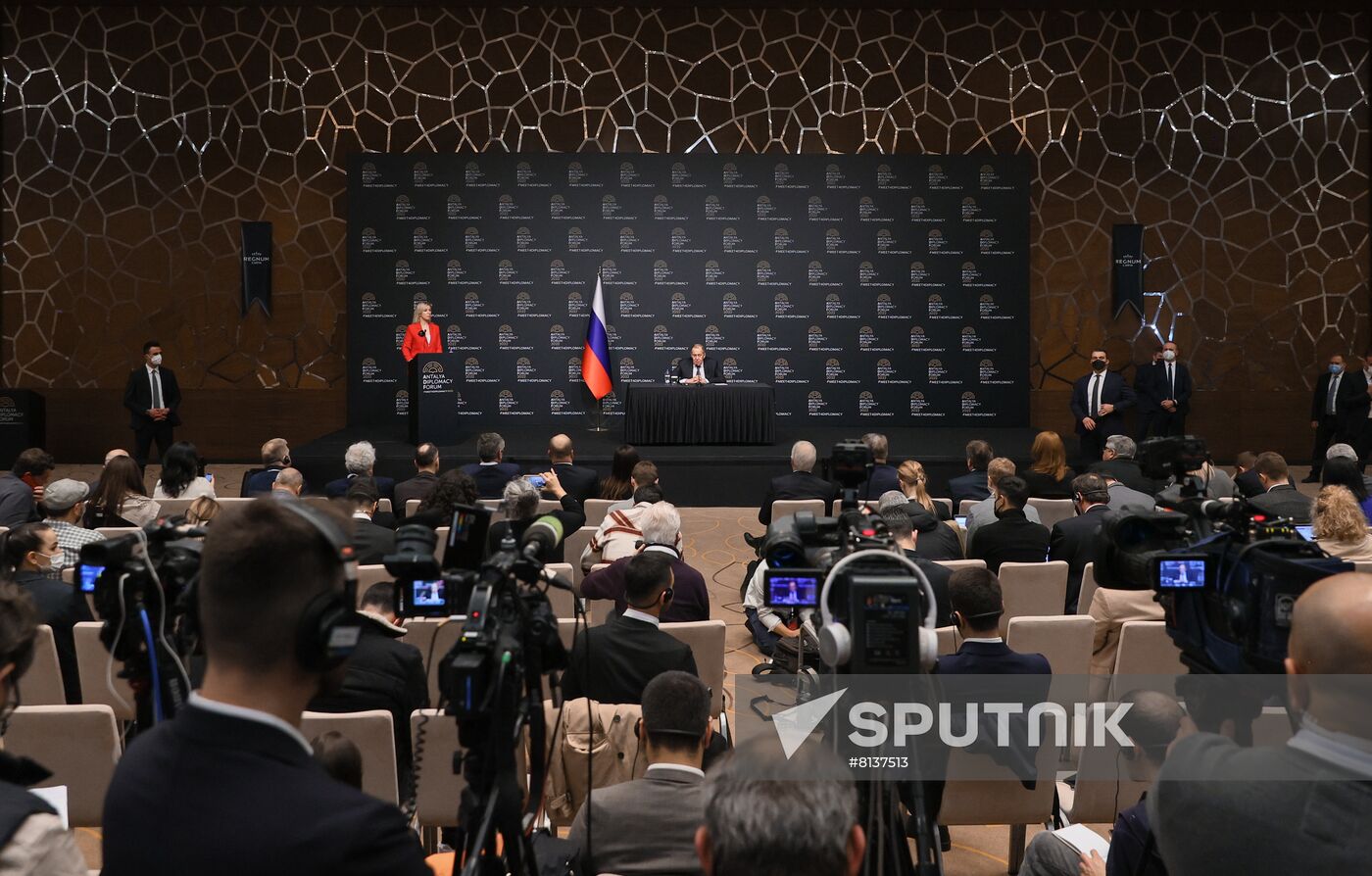 In this handout photo released by the Russian Foreign Ministry, Russian Foreign Minister Sergey Lavrov talks to the media during a news conference following his meeting with Ukrainian Foreign Minister Dmytro Kuleba with attendance of Turkish Foreign Minister Mevlut Cavusoglu on the sidelines of Antalya Diplomacy Forum, in Antalya, Turkey. Editorial use only, no archive, no commercial use. Location: Turkey, Antalya. Turkey Antalya Diplomacy Forum Sideline Meetings