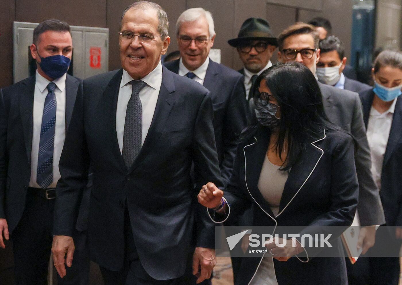 In this handout photo released by the Russian Foreign Ministry, Russian Foreign Minister Sergey Lavrov and Venezuelan Vice President Delcy Rodriguez arrive for a meeting on the sidelines of Antalya Diplomacy Forum, in Antalya, Turkey. Editorial use only, no archive, no commercial use. Location: Turkey, Antalya. Turkey Antalya Diplomacy Forum Sideline Meetings