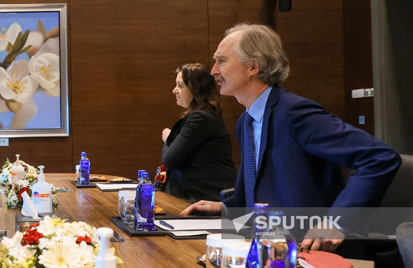 In this handout photo released by the Russian Foreign Ministry, United Nations Special Envoy for Syria Geir Pedersen talks to Russian Foreign Minister Sergey Lavrov during a meeting on the sidelines of Antalya Diplomacy Forum, in Antalya, Turkey. Editorial use only, no archive, no commercial use. Location: Turkey, Antalya. Turkey Antalya Diplomacy Forum Sideline Meetings