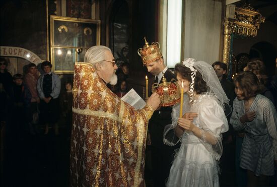 Religious wedding ceremony at Moscow church