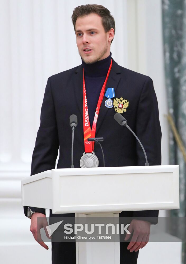 Olympic champion in figure skating Nikita Katsalapov speaks during a state awards ceremony for Russian athletes - gold medalists of the 2022 Beijing Olympic Winter Games at the Kremlin in Moscow, Russia. Location: Russia, Moscow. Author: Mikhail Klimentyev/Sputnik. Russia Putin Olympic Medalists