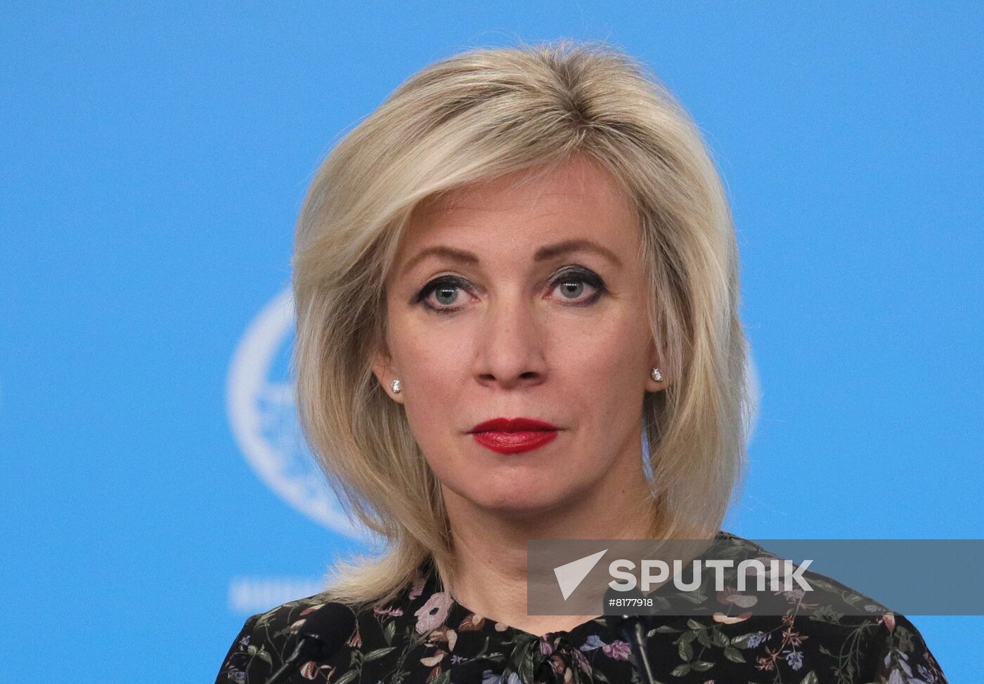 In this handout photo released by the Russian Foreign Ministry, Russian Foreign Ministry’s spokeswoman Maria Zakharova attends her weekly briefing in Moscow, Russia. Editorial use only, no archive, no commercial use. Location: Russia, Moscow. Russia Zakharova Briefing