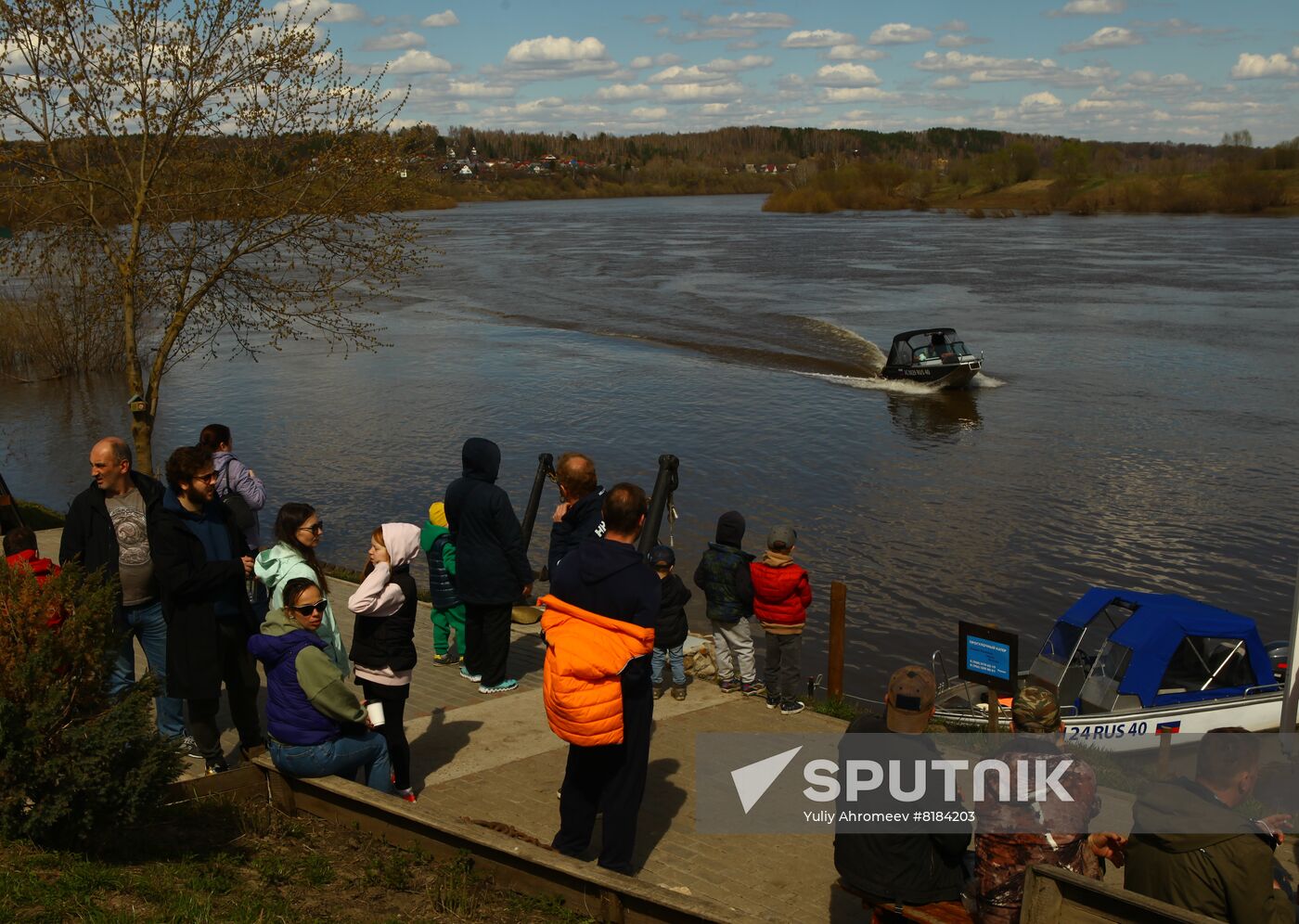 Private cruiser boat on Oka River in Tarusa