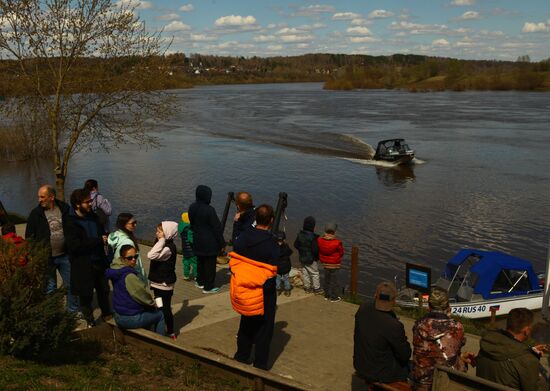 Private cruiser boat on Oka River in Tarusa