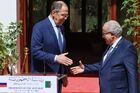 In this handout photo released by the Russian Foreign Ministry, Russian Foreign Minister Sergey Lavrov shakes hands with Algerian Foreign Minister Ramtane Lamamra before a news conference following their meeting in Algiers, Algeria. Editorial use only, no archive, no commercial use. Location: Algeria, Algiers. Algeria Russia Diplomacy
