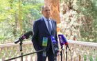 In this handout photo released by the Russian Foreign Ministry, Russian Foreign Minister Sergey Lavrov talks to the media on the sidelines of a CIS Foreign Ministers' Council meeting, in Dushanbe, Tajikistan. Editorial use only, no archive, no commercial use. Location: Tajikistan, Dushanbe. Tajikistan CIS Foreign Ministers Council
