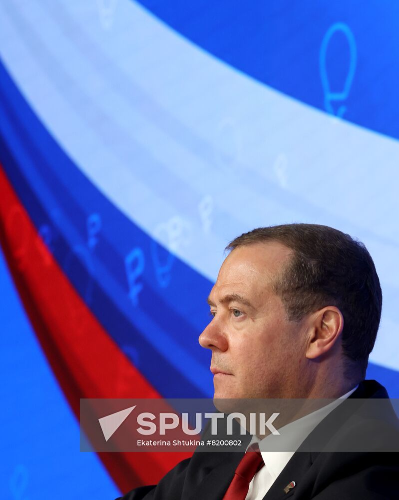 Dmitry Medvedev, deputy head of Russia's Security Council and chairman of the United Russia party, attends a session of the Entrepreneurship in the New Economic Reality forum held by the United Russia party in Moscow, Russia. Location: Russia, Moscow. Author: Ekaterina Shtukina/Sputnik. Russia Medvedev Business Forum