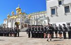 Russian Federal Guard Service cadets stand at attention during a graduation ceremony on Sobornaya Square of the Moscow Kremlin, Russia. Location: Russia, Moscow. Author: Evgeny Biyatov. Russia Federal Guard Service Cadets Graduation