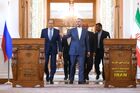 In this handout photo released by the Russian Foreign Ministry, Iranian Foreign Minister Hossein Amir-Abdollahian and Russian Foreign Minister Sergey Lavrov arrive for a news conference following their meeting, in Tehran, Iran. Editorial use only, no archive, no commercial use. Location: Iran, Tehran. Iran Russia
