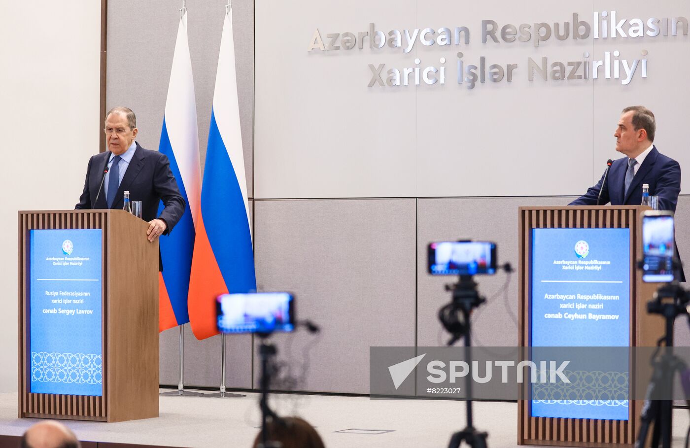 In this handout photo released by the Russian Foreign Ministry, Russian Foreign Minister Sergey Lavrov and his Azerbaijani counterpart Jeyhun Bayramov talk to the media at a news conference following their meeting in Baku, Azerbaijan. Editorial use only, no archive, no commercial use. Location: Azerbaijan, Baku. Azerbaijan Russia