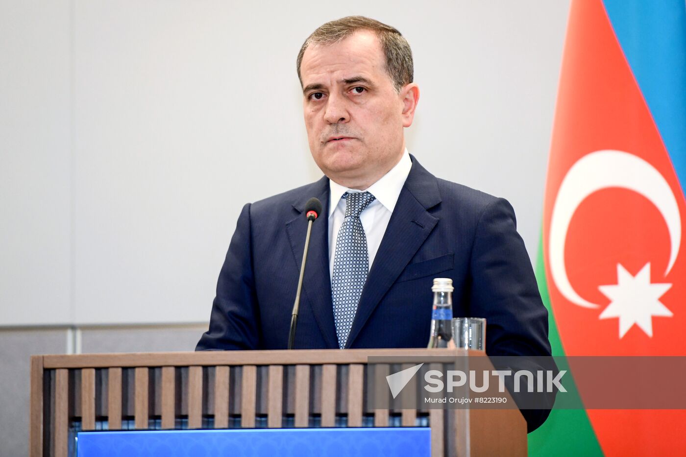 In this handout photo released by the Russian Foreign Ministry, Azerbaijani Foreign Minister Jeyhun Bayramov talks to the media at a news conference following his meeting with Russian Foreign Minister Sergey Lavrov in Baku, Azerbaijan. Editorial use only, no archive, no commercial use. Location: Azerbaijan, Baku. Author: Murad Orujov/Sputnik/РИА Новости. Azerbaijan Russia