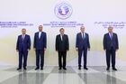 In this handout photo released by the Russian Foreign Ministry, Russian Foreign Minister Sergey Lavrov, second right, attends a photographing ceremony during the Caspian Foreign Ministers Summit in Ashgabat, Turkvrtistan. From left, Azerbaijani Deputy Foreign Minister Khalaf Khalafov, Iranian Foreign Minister Hossein Amir-Abdollahian and Rashid Meredov, Turkmen Deputy Chairman of the Government and Foreign Minister. Kazakh Foreign Minister Mukhtar Tleuberdi is at right. Editorial use only, no archive, no commercial use. Location: Turkmenistan, Ashkhabad. Turkmenistan Caspian Foreign Ministers Summit