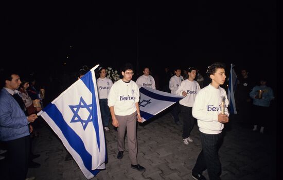 Memorial ceremony of laying wreaths at Menorah sacred candelabrum