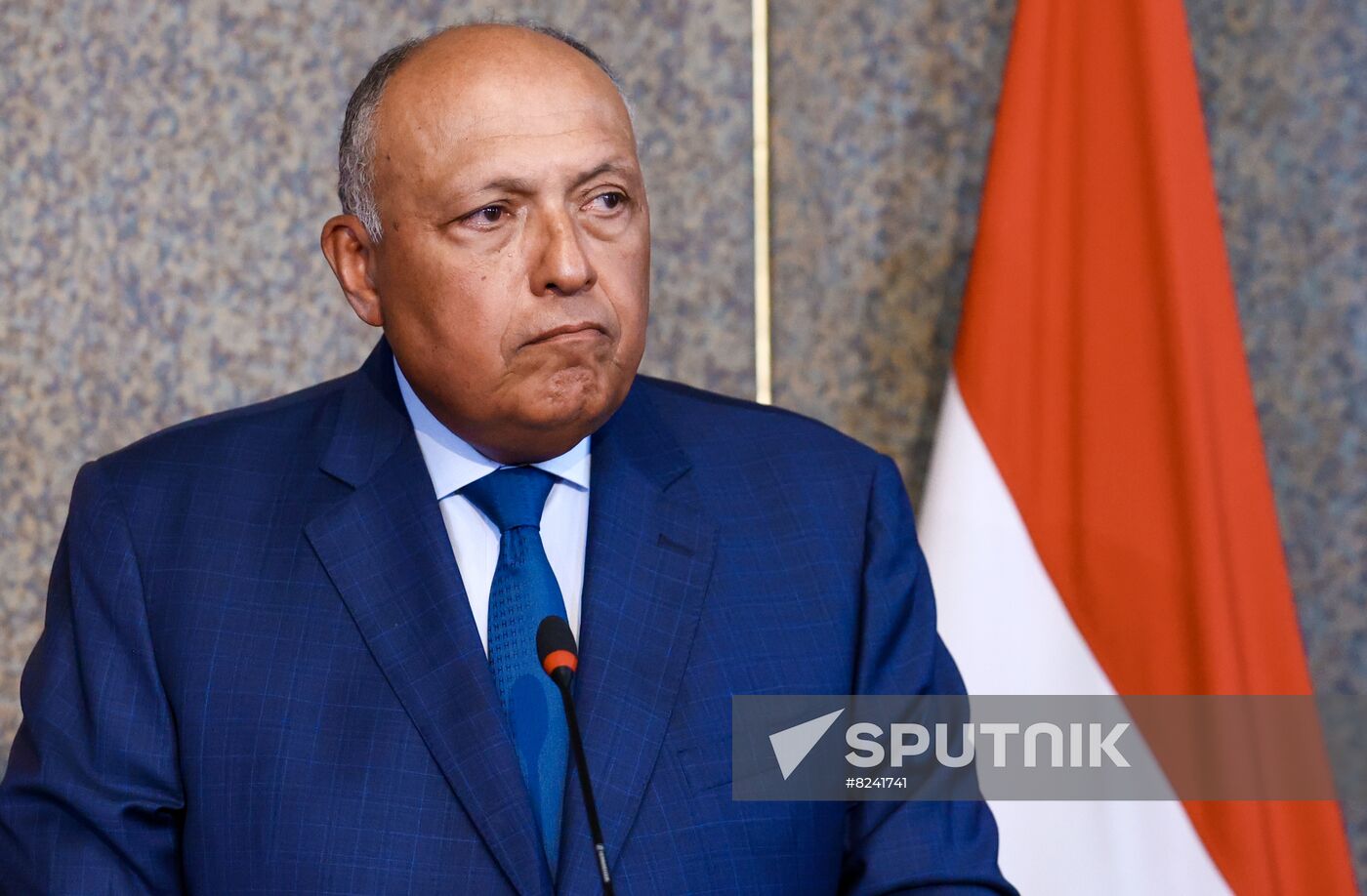 In this handout photo released by the Russian Foreign Ministry, Egyptian Foreign Minister Sameh Shoukry talks to the media during the news conference following talks with Russian Foreign Minister Sergey Lavrov in Cairo, Egypt. Editorial use only, no archive, no commercial use. Location: Egypt, Cairo. Egypt Russia