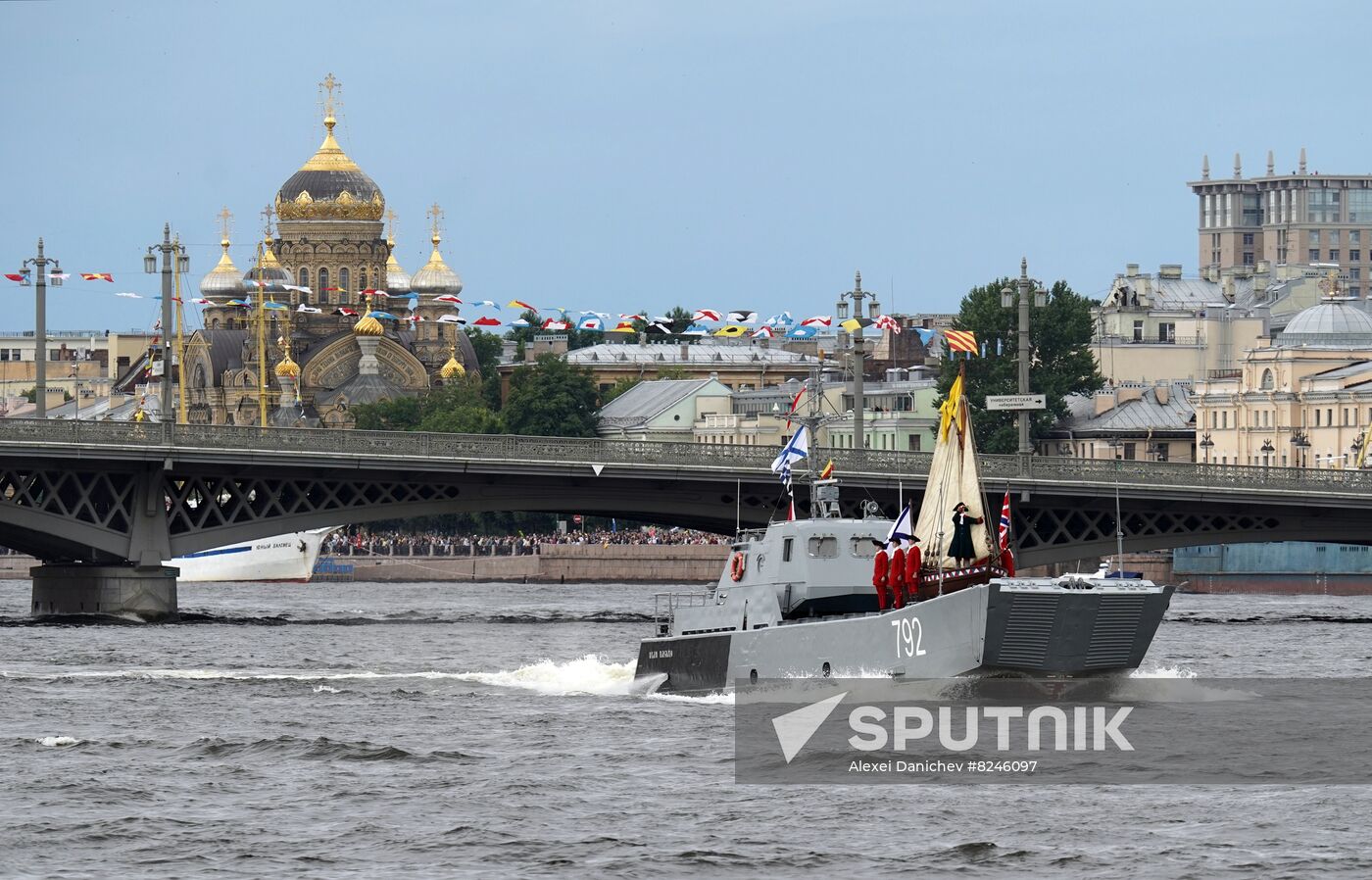 The Ivan Pasko landing boat with the boot of Peter the Great on board takes part in the main naval parade marking Russian Navy Day, in St. Petersburg, Russia. Location: Russia, St. Petersburg. Author: Alexei Danichev/Sputnik. Russia Navy Day