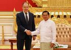 In this handout photo released by the Russian Foreign Ministry, Myanmar's Prime Minister Min Aung Hlaing, right, and Russian Foreign Minister Sergey Lavrov shake hands during their meeting in Naypyidaw, Myanmar. Editorial use only, no archive, no commercial use. Location: Myanmar, Нейпьидо. Myanmar Russia